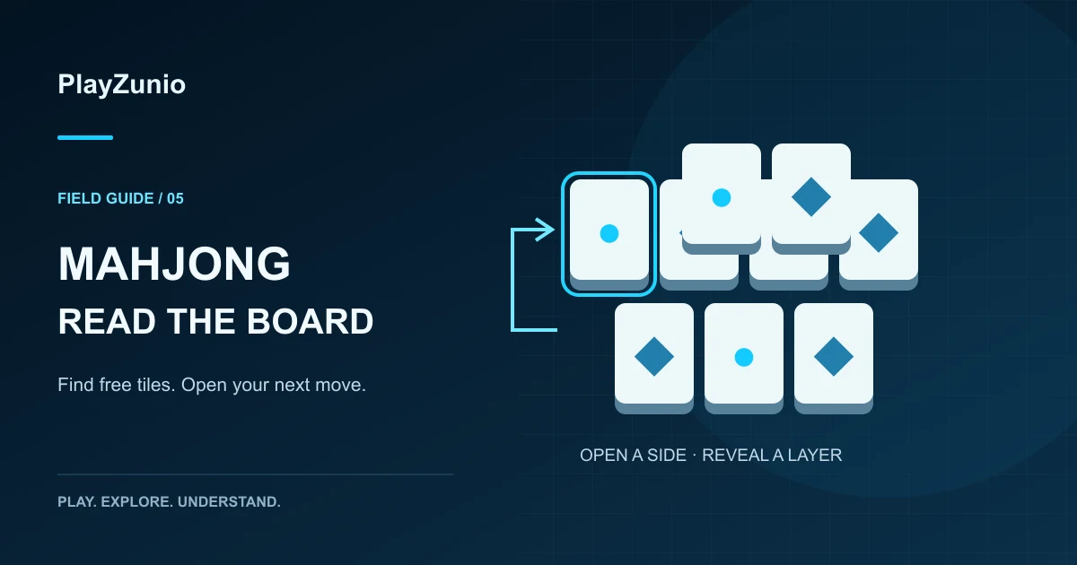 Original editorial illustration of layered mahjong tiles with a matching cyan pair highlighted at the open edges.