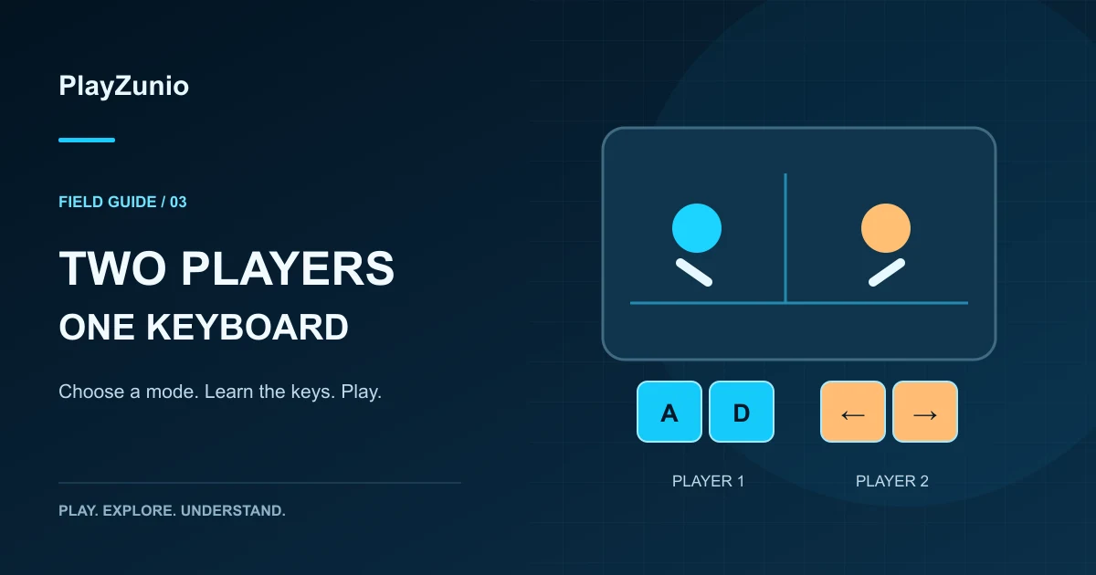 Original editorial illustration of cyan and orange keyboard controls facing a shared two-player game screen.